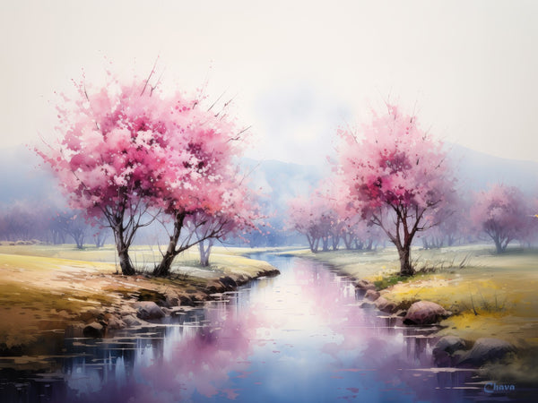 Blossoms River Watercolor Print